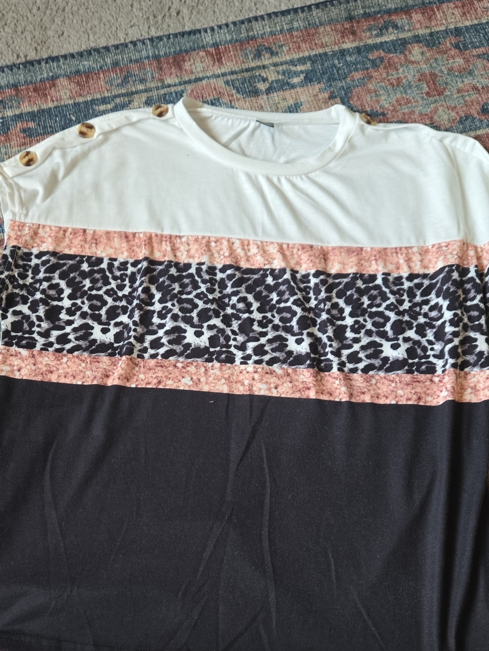 Colorblock Animal Print Button-Shoulder Women's Top - White, Black & Pink